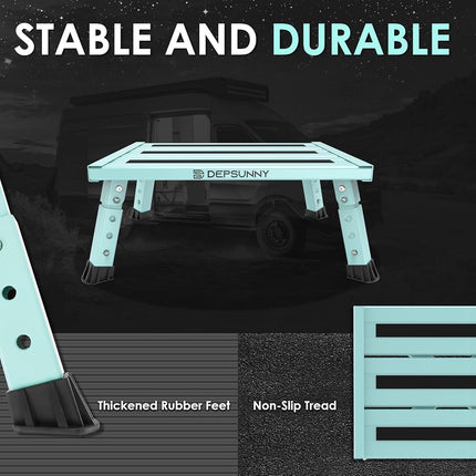DEPSUNNY Adjustable Height Aluminum RV Step, Stable Foldable Platform Step Stool, Supports Up to 1,000 lb, Non-Slip Rubber Feet and Platform Mat, Easy to Carry (Seafoam Green)