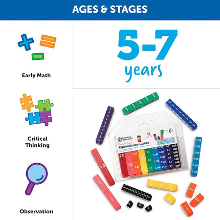Learning Resources Fraction Tower Equivalency Cubes, Ages 6+, Maths Learning Toys for Kids, Visual Fractions Set with Decimals & Percentages, 51 Pieces