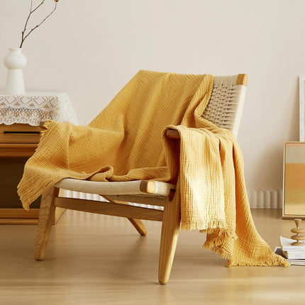 Manta Simple&Opulence de muselina de algodón de 4 capas para cama, sofá, manta de gasa tejida con borlas, suave, ligera, acogedora, prelavada, transpirable, decoración de granja para todas las estaciones (amarillo)