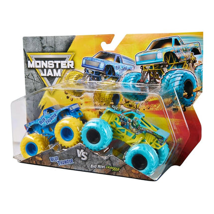 Monster Jam Official 1:64 Scale Diecast Truck 2-Pack Series 33 Blue Thunder vs Bad News Travels Fast
