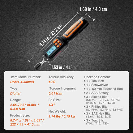 VEVOR Digital Torque Wrench, 1/4" Drive Torque Screwdriver with LCD, 2.65-70.67 in-lbs Torque Range, 0.01 N.m Increment Torque Screwdriver with Bits & Case