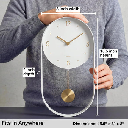 Driini Modern Pendulum Wall Clock - Decorative and Unique Metal Frame, with 8 Inch Face - Contemporary, Minimalist Design, with Silent Non Ticking Operation - Includes Both White and Gold Pendelum