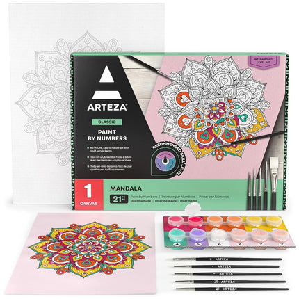 ARTEZA Pintura por números para adultos, 30 x 40 cm, 21 piezas, kit de pintura por números de mandala, incluye 1 panel de lona, 12 botes de pintura acrílica, 5 pinceles, materiales de arte para decoración de pared de casa y oficina