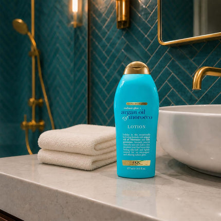 OGX Radiant Glow + Argan Oil of Morocco Extra Hydrating Body Lotion for Dry Skin, Nourishing Creamy Body & Hand Cream for Silky Soft Skin, Paraben-Free, Sulfated-Surfactants Free, 19.5 fl oz