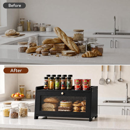 Black Bread Box for Kitchen Countertop with Clear Acrylic View Window