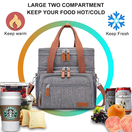 Weitars Lunch Bag for Women Men, Loncheras para Mujer Dual Compartment Waterproof Reusable Large Lunch Box Wide-Open Cooler Tote Bag for Working Picnic Hiking (15L) (Gray(Kahki))