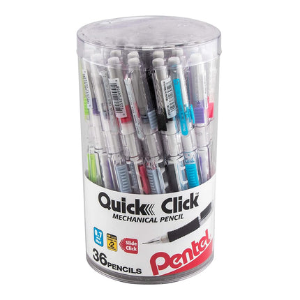 Pentel Quick Click Mechanical Pencil, (0.7mm) Med Line, Canister, Assorted Colors (A/D/N/P/S/V), 36-PK (PD217PC36M)