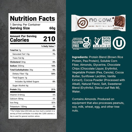 No Cow Protein Bar, Chocolate Fudge Brownie, 21g Plant Based Protein, Keto Friendly, Low Sugar, Dairy Free, Gluten Free, Vegan, High Fiber, Non-GMO, 12 Count