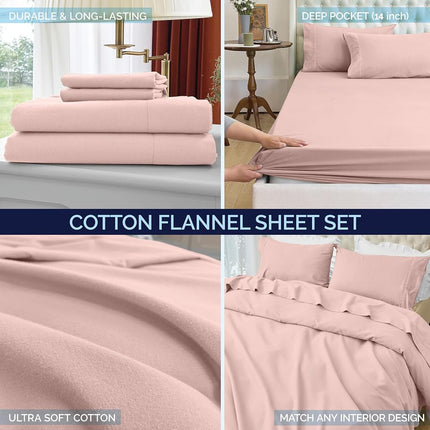 Elegant Comfort Soft 4-Piece 100% Turkish Cotton Flannel Sheet Set - Premium Quality, Deep Pocket Fitted Sheet, Ultra Soft, Cozy Warm Flannel Sheets - King, Dusty Rose