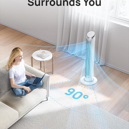 Dreo Tower Fans for Bedroom, 90� Oscillating Fans for indoors, 4 Modes 5 Speeds Max 26ft/s, 12H Timer, LED Display with Touch, Remote, 40" Quiet Bladeless Standing Floor Fan for Home Office, White