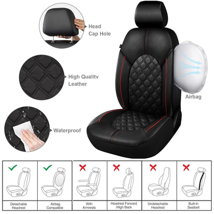 CAROMOP Luxury PU Leather Car Seat Covers Full Set-Waterproof Seat Protectors with Split Bench Seat Covers for Cars-Universal Cars Interior Covers for Sedans, SUVs, Pick-up Trucks (Black/Red Line)