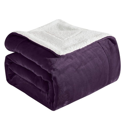 Elegant Comfort Ultra Soft Reversible Flannel Sherpa Blanket - Cozy Silky Fleece Throw for Couch, Bed - Plush Fuzzy Warm Winter Blanket for Gift, Full, Purple