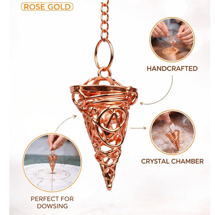Amazing Gemstone Healing Metal Pendulums for Divination, Rose Gold Cone Chamber Steel Copper Pendulum High Energy Pendulo de Bronce Pendulos de Mesa MP122