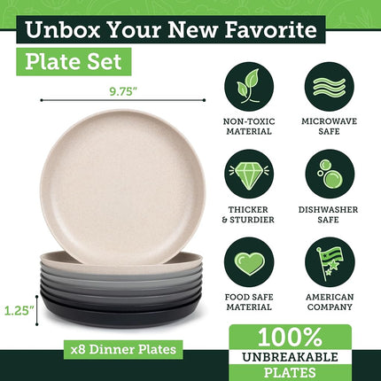 Grow Forward Premium Wheat Straw Plates - 10 Inch Reusable Hard Plastic Dinner Plates Set of 8 - Unbreakable & Microwave Safe Dishes for Dessert, Camping, RV, Outdoors, Patio, Kitchen - Moonlight