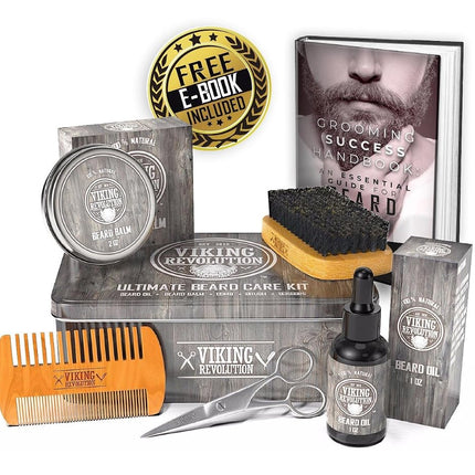 Viking Revolution - Beard Grooming Kit for Men - Ultimate Beard Kit with 100% Boar Beard Brush, Beard Comb, Citrus Beard Balm, Unscented Beard Oil & More - Valentines Gifts for Him - Gifts for Men