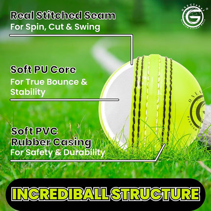 ONEGlobal Incrediball Soft Practice Cricket Ball | Outdoor & Indoor Rubber Cricket Ball with Core & Stitched Seam | for Practice, Honing Skills & Family Fun (3-FluoroYellow, Standard)