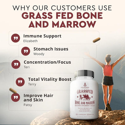 Ancestral Supplements Grass Fed Beef Bone and Marrow Supplement, Bone, Skin, Oral Health, and Joint Care Supplements Promote Whole-Body Wellness, Non-GMO Whole Bone Extract, 180 Capsules