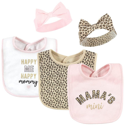 Hudson Baby Babero y Conjunto de Diadema o Gorro de Algodón Unisex para Bebé, Estampado de Leopardo "Mamas Mini", Talla Única