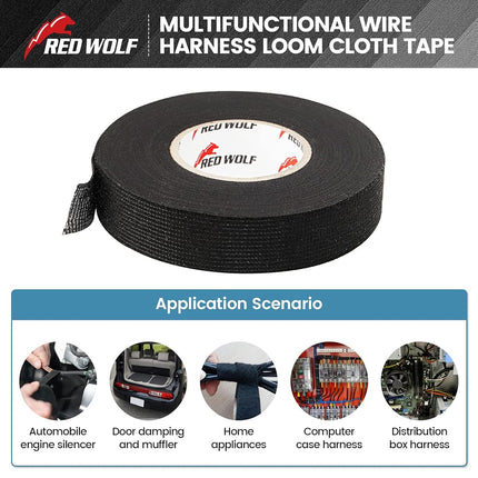 RED Wolf Wiring Harness Cloth Tape High Temp Self-Adhesive Fabric Tape for Automobile Electrical Harness Wrap Noise Damping Protection Insulation Cable Fixed Black, 5 Rolls 3/5 Inch x 50FT