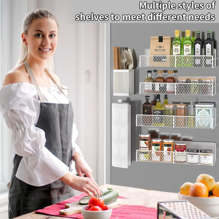 DTUQYX Magnetic Spice Rack for Refrigerator, 6 Pack Metal Magnetic Shelf White, Moveable Spice Organizer, Strong Magnetic Storage Fridge Organizer with Paper Towel Holder, Utensils Holder