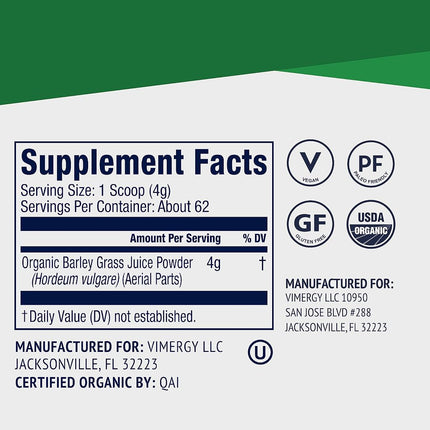 Vimergy USDA Organic Barley Grass Juice Powder – Super Greens Powder Containing Iron, Vitamin C, & Vitamin E – Non-GMO, Gluten-Free, Soy-Free, Vegan & Paleo Friendly – Daily Greens Booster (250g)