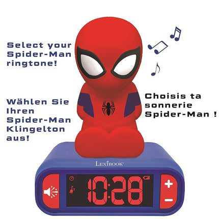 LEXIBOOK - Marvel Spider-Man Digital Alarm Clock with Night Light Snooze and Marvel Spider Man Superheroes Sound Effects - Boys Clock - Luminous Spiderman, Blue - RL800SP