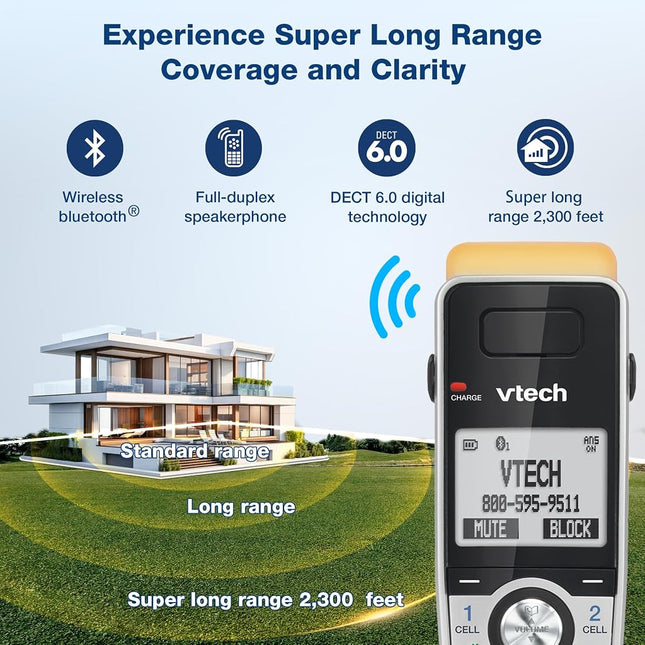 VTech IS8151 Super Long Range DECT 6.0 Cordless Phone for Home with Answering Machine, 2300 ft Range, Call Blocking, Bluetooth, Headset Jack, Power Backup, Intercom, Expandable to 12 HS