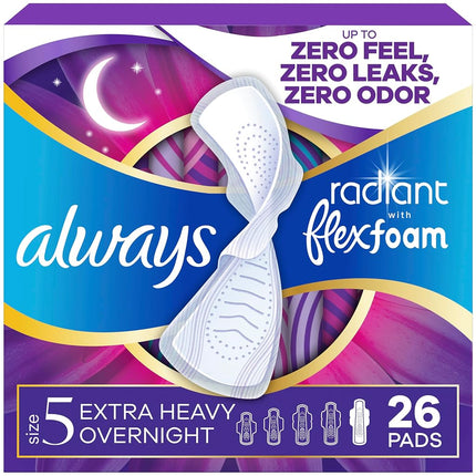 Always Radiant FlexFoam Pads for Women, Size 5, Extra Heavy Overnight Absorbency, 100% Leak & Odor Free Protection is Possible, with Wings, Scented, 26 Count