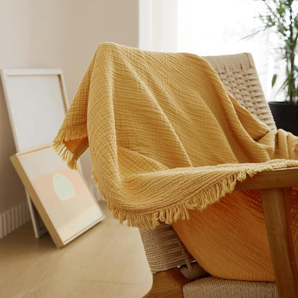Manta Simple&Opulence de muselina de algodón de 4 capas para cama, sofá, manta de gasa tejida con borlas, suave, ligera, acogedora, prelavada, transpirable, decoración de granja para todas las estaciones (amarillo)