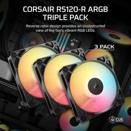 CORSAIR RS120-R ARGB 120mm PWM Reverse Flow Fan - +5V ARGB Connections, 8 RGB LED, High Pressure, Daisy Chain, Magnetic Bearing, Zero RPM, Pack of 3 - Black