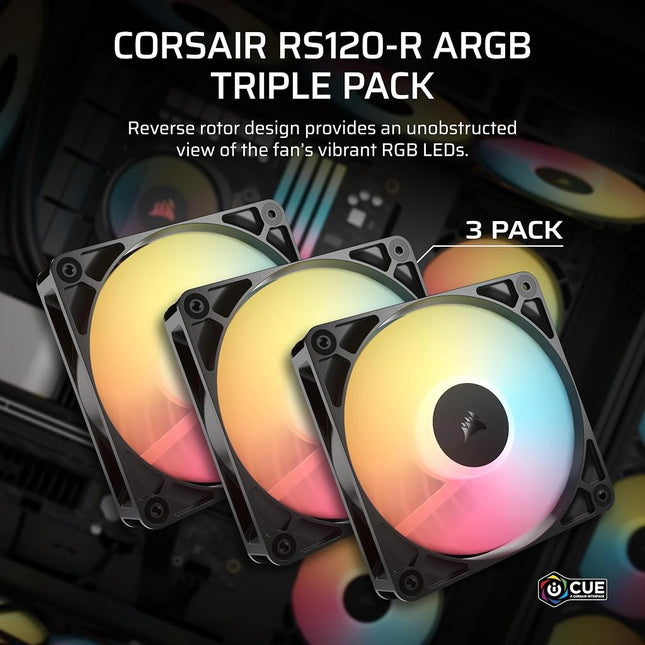 CORSAIR RS120-R ARGB 120mm PWM Reverse Flow Fan - +5V ARGB Connections, 8 RGB LED, High Pressure, Daisy Chain, Magnetic Bearing, Zero RPM, Pack of 3 - Black