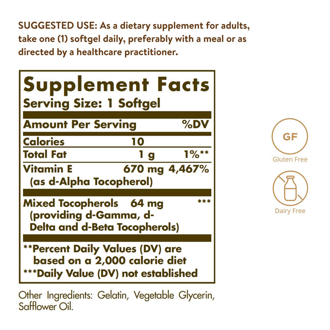 Solgar Natural Source Vitamin E 671mg - Supports The Immune System - Protects Cells from Oxidative Stress - 100 Softgels