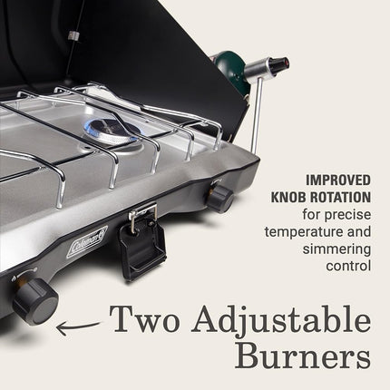 Estufa de propano Coleman Triton de 2 quemadores para camping, parrilla/estufa portátil para camping con quemadores ajustables, protectores contra el viento, cierre de alta resistencia y asa, 22,000 BTU de potencia total