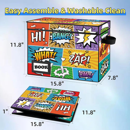 YNSZAS 2 Pack Comic Book Storage, Comic Book Box, 15.8" X 7.8" X 11.8", Collapsible Comic Short Box, Holds 160-180 Comic Book, Heavy Duty Comic Book Bin Container Holder Shelf(Cartoon Colorful)