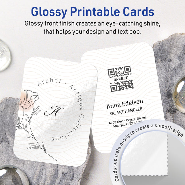 Cartes de visite Avery, rectangulaires, coins arrondis, technologie Sure Feed, 6,35 cm x 8,89 cm, cartonnette blanche brillante, impression bord à bord, compatible imprimantes laser/jet d'encre, 300 au total
