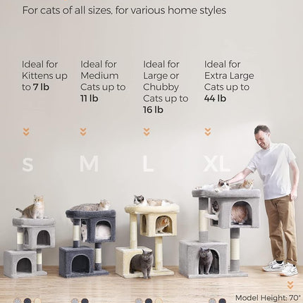 Feandrea Cat Tree Tower, 101 cm, XL, Condo for Extra Large Cats up to 44 lb, Large Perch, 2 Caves, Scratching Post, Smoky Gray,UPCT614G01