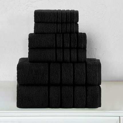 Elegant Comfort 4 Lines Viscose Stripe 6-Piece Premium Towel Set - 100% Turkish Cotton High Absorbent Luxury Bathroom Towels – Includes 2 Washcloths, 2 Hand Towels and 2 Bath Towels Set, Black