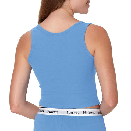 Hanes Womens Originals Rib Crop Tank Top 2-Pack, Comfywear Stretch Cotton Cropped Top, Provence Blue/Pink Coral, XL