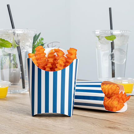 Bio Tek 3.9 x 2.6 x 3.5 Inch French Fry Cup, 100 Disposable Snack Cups - Stackable, Sustainable, Blue and White 2 Ounce Paper Fry Holder, for Fries, Onion Rings, Popcorn, or Cookies - Restaurantware