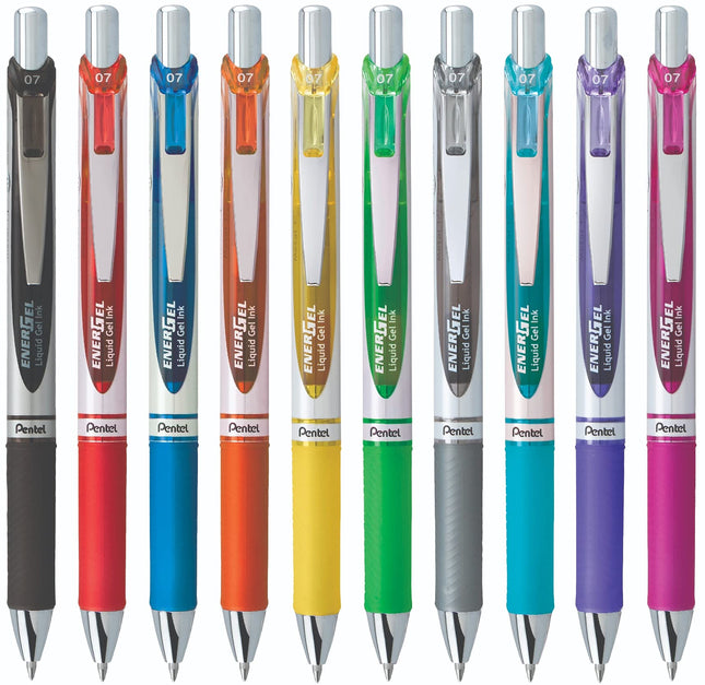 Pentel EnerGel 0.7 MM RTX Bolígrafo retráctil de gel líquido, paquete de 10 nuevos colores surtidos de tinta, punta de metal, línea media, secado rápido sin manchas BL77BP10M3