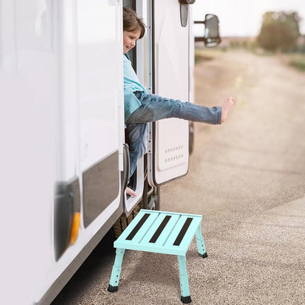 DEPSUNNY Adjustable Height Aluminum RV Step, Stable Foldable Platform Step Stool, Supports Up to 1,000 lb, Non-Slip Rubber Feet and Platform Mat, Easy to Carry (Seafoam Green)