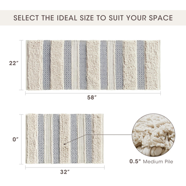 INK+IVY Bath Rug Hand-Woven Texture Shaggy Striped Soft & Water Absorbent, Boho Bathroom Décor Bath-Mats, Non-Slip Absorbent Quick Dry Mats for Tub, Shower Room, Asher, 20x32 Grey