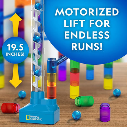 National Geographic Marble Run with Motorized Elevator - 150-Piece Marble Maze Kit with Motorized Spiral Lift, 30 Marbles, Storage Bag & More, Perpetual Motion Machine, Marble Game