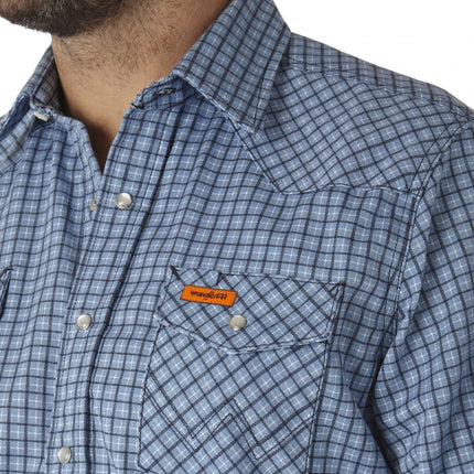 Camisa Occidental de Dos Bolsillos con Botones a Presión Resistente al Fuego Wrangler para Hombre, Tallas Grandes, a Cuadros Azules, 4X