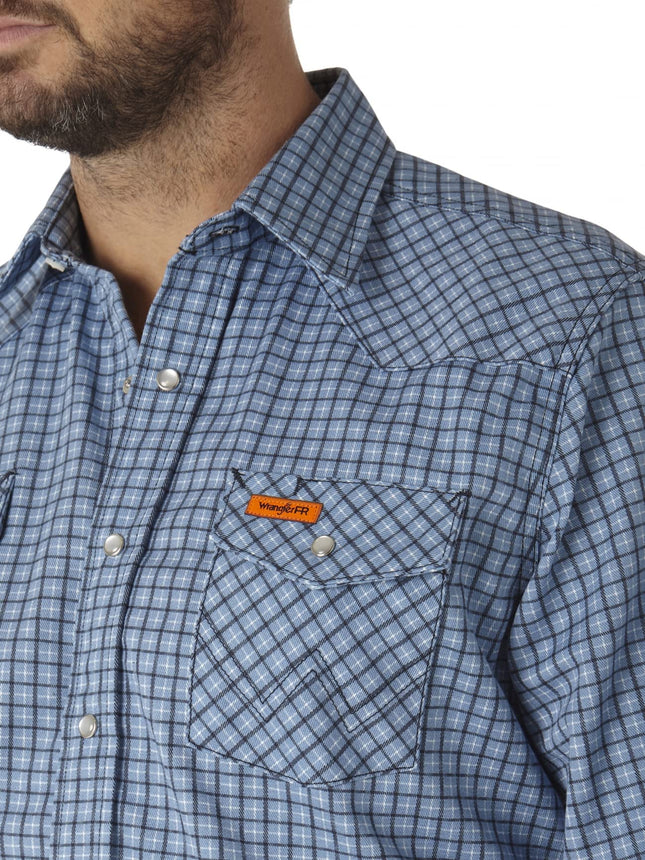 Camisa Occidental de Dos Bolsillos con Botones a Presión Resistente al Fuego Wrangler para Hombre, Tallas Grandes, a Cuadros Azules, 4X