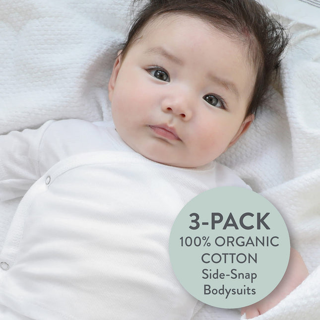 HonestBaby unisex-baby 3-pack Long Sleeve Side-snap Kimono Bodysuits Organic Cotton for Infant Baby Boys, Girls, Unisex, Honestly Pure White, 0-3 Months