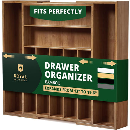ROYAL CRAFT WOOD Range Couverts Bambou de Luxe - Organisateur de Tiroir de Cuisine - Porte-Ustensiles et Plateau à Couverts avec Séparateurs Rainurés pour Couverts de Table et Ustensiles de Cuisine (9 Compartiments, Bambou Marron)