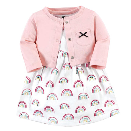 Hudson Baby Baby Girls' Cotton Dress and Cardigan Set, Modern Rainbow, 5T