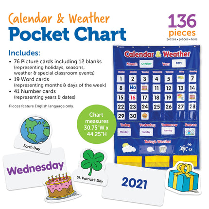 Learning Resources Calendar & Weather Pocket Chart - Classroom Calendar, Calendar and Weather Chart for Classroom, Teacher and Back to School Supplies
