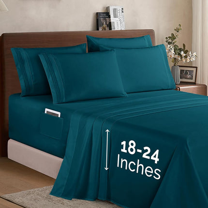 Elegant Comfort 1500 Premium Quality 6-Piece Bed Sheet Set - 18-24 Inch Extra Deep Pocket, Smart Storage Pockets, Wrinkle Free Ultra Soft 6PC Extra Deep Pocket Sheets, California King, Marine Teal